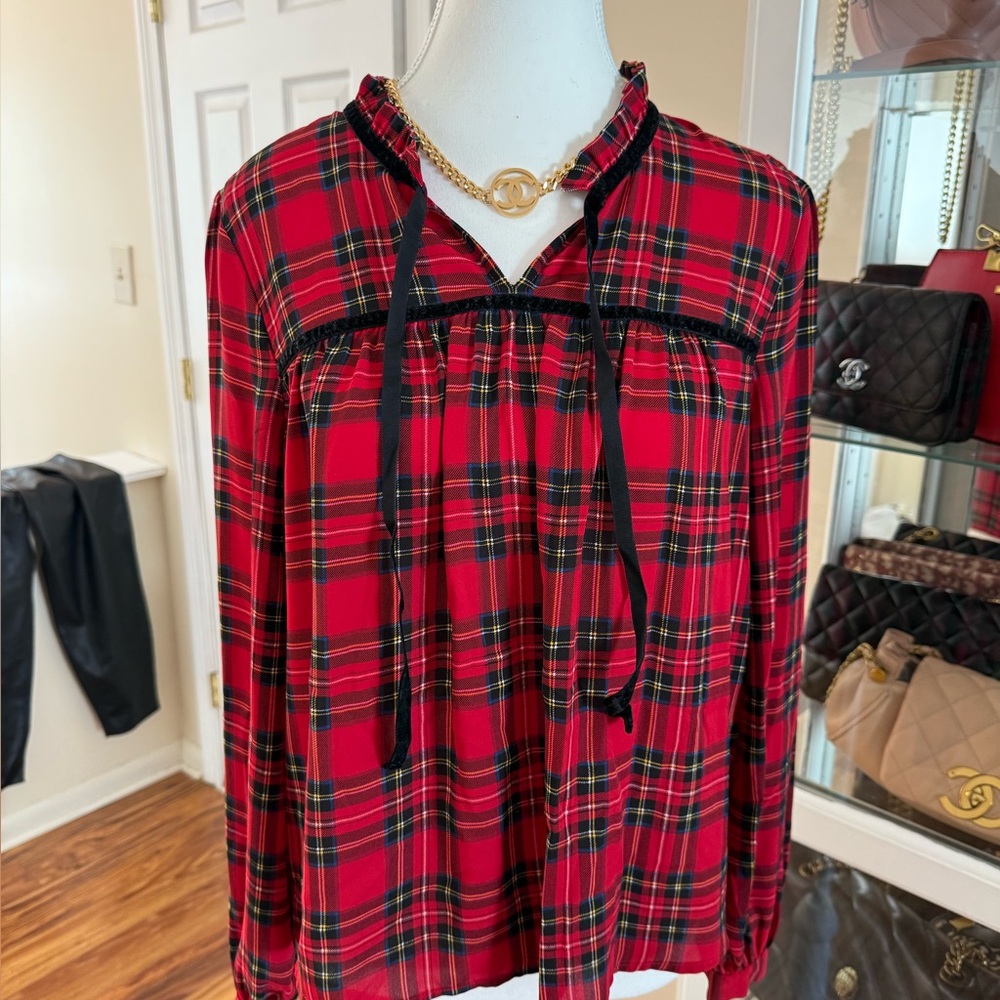 J. Crew Red Plaid Blouse with Black Accents